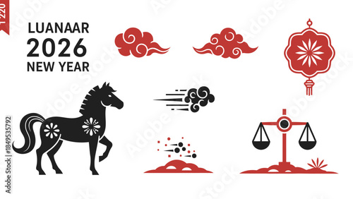 Graphic illustration of Luanaar 2026 New Year elements featuring a horse, traditional clouds, lantern, and scales in red and black.