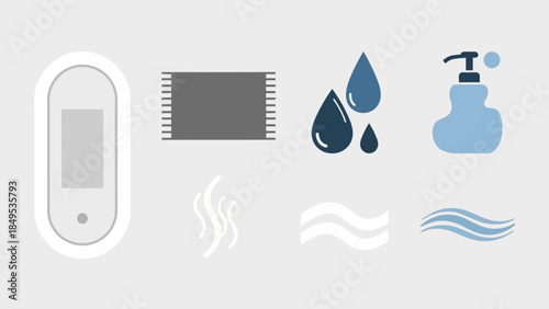 A collection of graphic icons representing smart home technology, personal hygiene, and environmental elements.