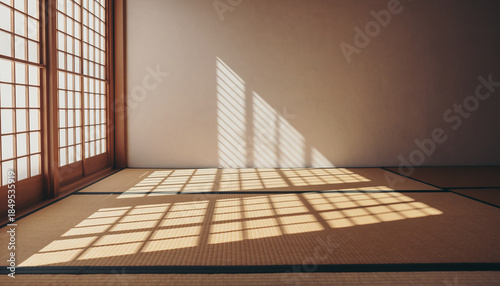 障子から朝日が差し込む静かな和室、畳に落ちる格子の影と伝統的な空間