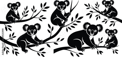 Koala vector illustration set, black silhouette animals, tree branch poses, wildlife graphic elements, nature themed icons for design and education