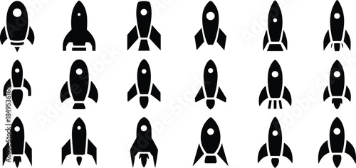 Rocket silhouette vector set, black spaceship icons, retro space designs, launch vehicle shapes, graphic elements for science, technology, and exploration themes