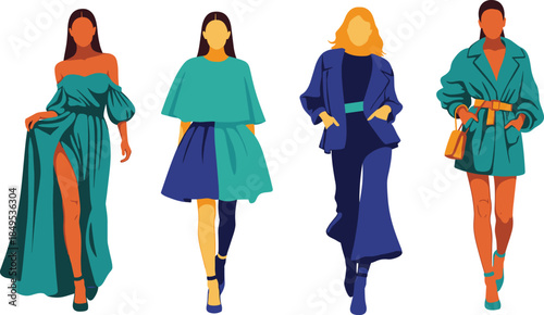 Stylish women fashion illustrations, modern outfit vector, elegant clothing design, trendy female poses, colorful wardrobe concept, isolated white background