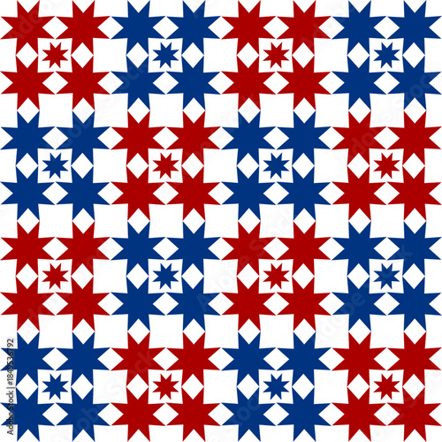 Red and blue and white squares, seamless pattern with blue repeat stars, replete image in checkerboard template design for fabric printing