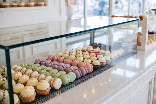 Gourmet dessert display case with pastel-colored macarons, cupcakes with soft frosting, white bakery counter, bright natural lighting, professional patisserie aesthetic, clean composition
