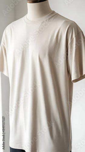 A clean product photography shot of a plain white cotton t-shirt displayed on a neutral mannequin or flat lay surface. The t-shirt features a classic crew neck design with short sleeves