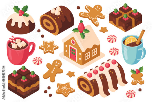 Festive Food Icons, isometric holiday vector set featuring Christmas pudding, yule log cake, gingerbread house, and traditional seasonal desserts for decorative winter celebration designs