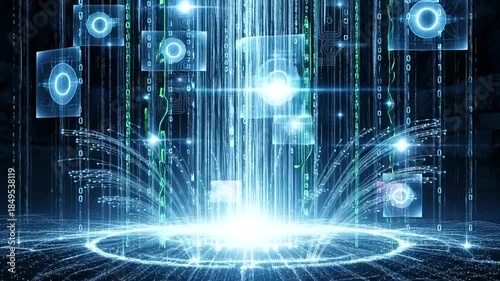 Abstract digital data stream with glowing light and floating holographic elements representing technology and information flow.