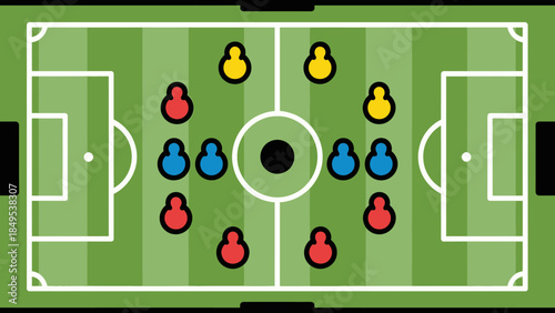 Top-down tactical view of a soccer field illustrating player formations and strategy.