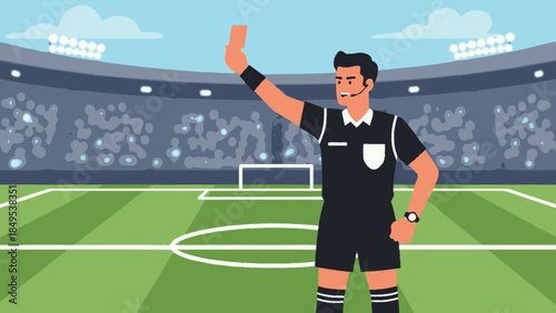 Stern soccer referee showing a red card during a match on a green football pitch with a stadium crowd in the background.