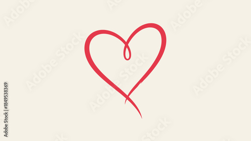 Minimalist red heart drawn with a single continuous line on a soft light cream background, symbolizing love and passion.