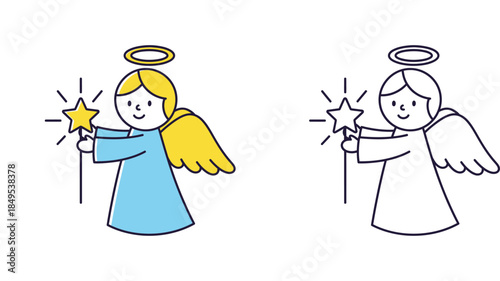 Cute cartoon angel with star wand vector illustration set. Happy little cherub character in flat color and black white outline style for coloring page or Christmas holiday design.