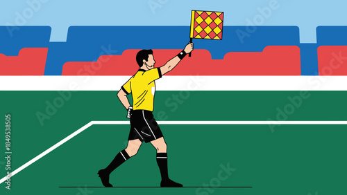 Soccer Linesman Referee Running on a Green Field Holding an Offside Flag During a Match