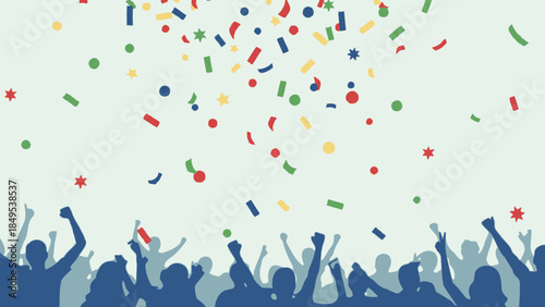 Silhouettes of an Enthusiastic Cheering Crowd with Colorful Confetti Falling at a Festive Event in Bright Studio