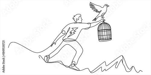 Continuous line art of a man carrying a birdcage with a free bird perched on top Vector, illustration