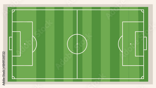 A vibrant green soccer field pitch with a ball and net sits ready for a professional football game or championship competition on the grass playground lines