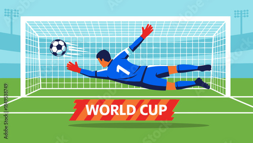 Vector illustration of a soccer football player with a ball and flag competing on a grass field stadium to win the match game