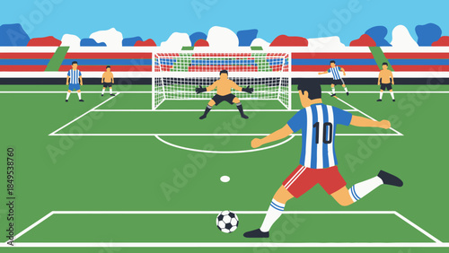 A silhouette of a woman running across a green grass soccer football field during a competitive championship sports match at a stadium with team players pursuing a goal