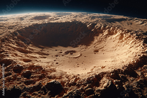 Vast moon crater under starlit sky with rugged terrain and shadows