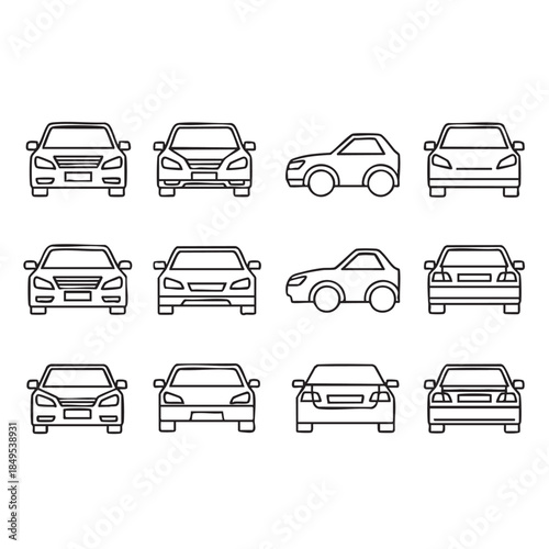 Collection of Line Art Car Icons on Transparent Background