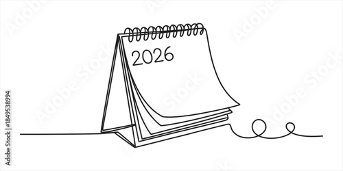 Continuous line art drawing of a 2026 desk calendar representing the new year and future planning Vector, illustration