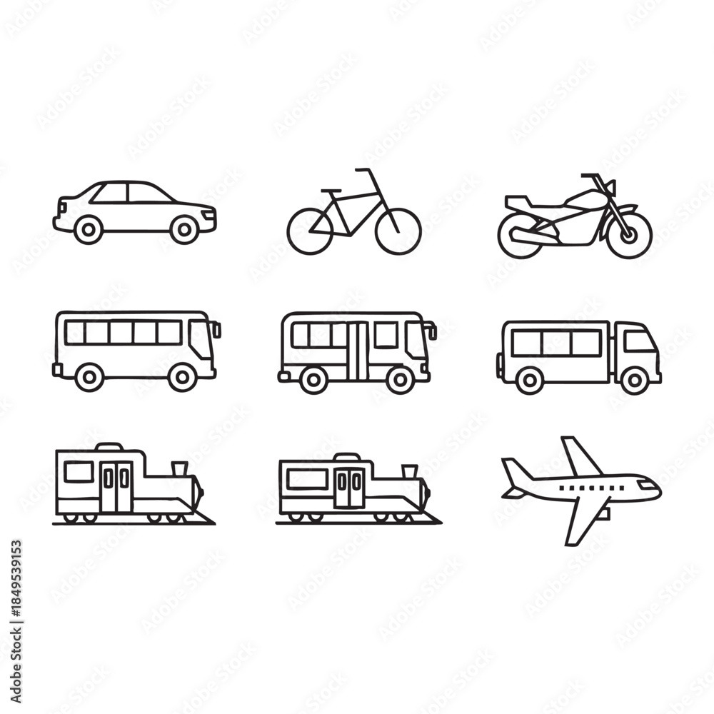 Fototapeta premium Collection of transportation icons including cars bicycles motorcycles buses trains and airplane