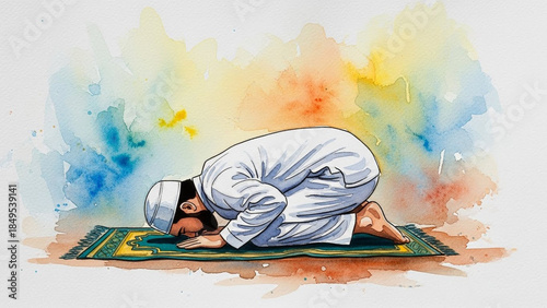 muslim man in sujud prostration on prayer rug watercolor illustration