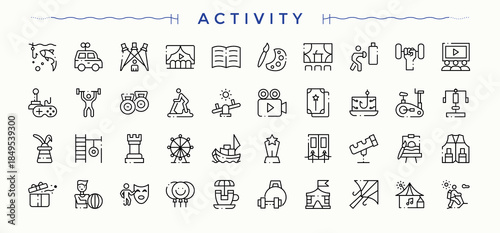 Set of Activity line icon. Included travel, gardening, cycling, adventure, hobby and more. Thin icons set. Adventure icon set. Editable stroke.