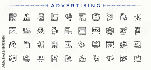 Advertising icon set. Modern icons collection. Online Marketing icon pack. Pack of market, business, online marketing, mobile, promotion, marketing and more.