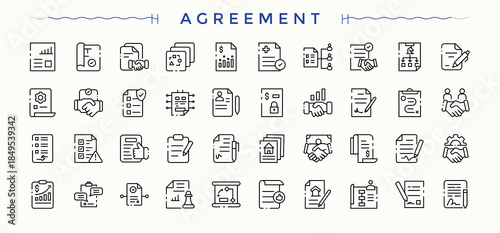 Agreement icon collection. Includes thin line symbols check, hand, settlement, deal and more. Settlement icon collection. UI icons set in a thin style. Editable vector.
