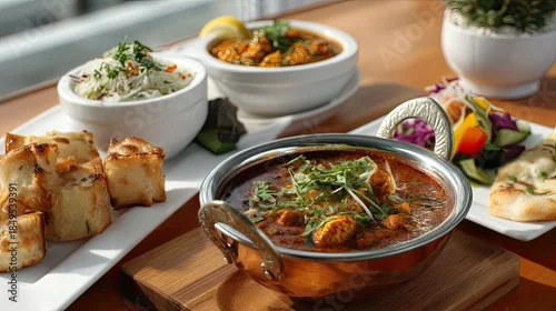 Obraz Delicious Indian Cuisine Featuring Chicken Curry, Breads, Fresh Vegetables, and Sides in an Elegant Setting