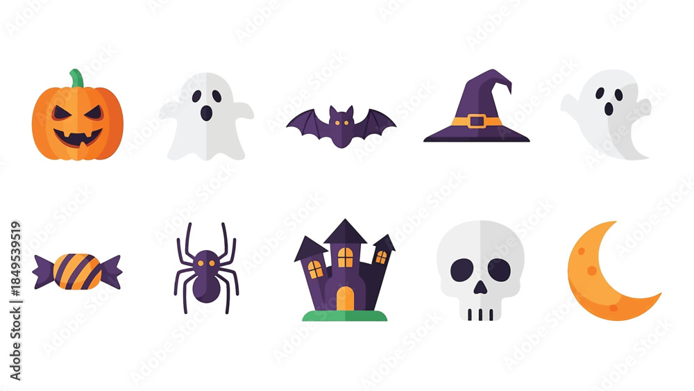Fototapeta premium Halloween Items 2D Flat Vector Icon Set