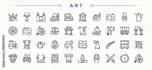 Art icon set. Minimalist icons collection. Historical simple icon set. Contain linear symbols antiques, historical, mediaeval, archaeologic, heritage, exhibition and more.
