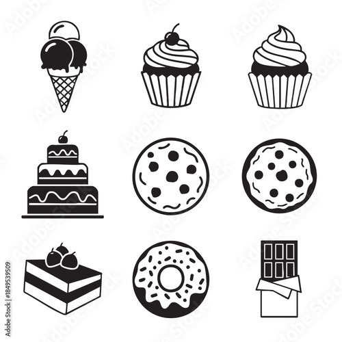 Delicious dessert and baked goods icons set showing ice cream cupcakes cookies cake and chocolate isolated on transparent background