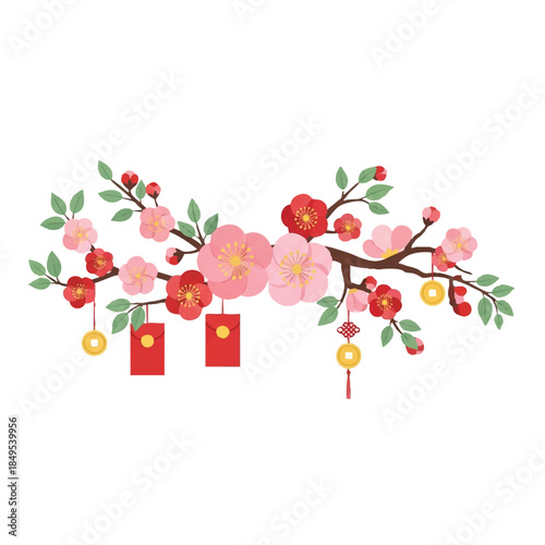 Illustration of a blooming cherry blossom tree branch with red and pink flowers, green leaves, and traditional Chinese decorations on a white background.
