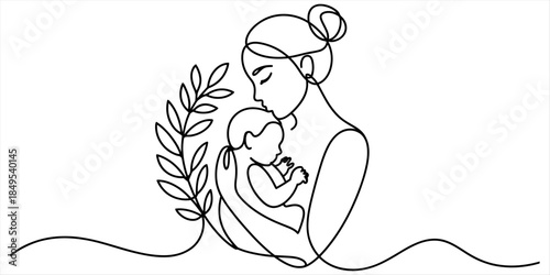 A single line art illustration of a loving mother embracing her newborn baby Vector, illustration
