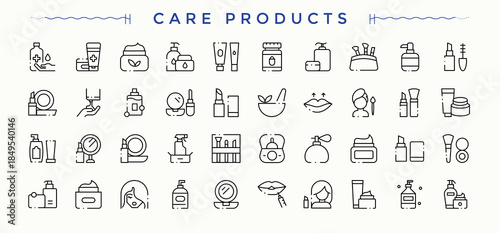 Set of Care Products line icon. Sun Protection web icons pack. Thin line icons set. Care icon set. Editable stroke vector art.