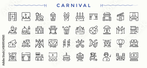 Set of Carnival line icon. Related to recreation, amusement, park, games, fun and more. Vector icons collection. Amusement line icon set. Editable stroke. Vector illustration.