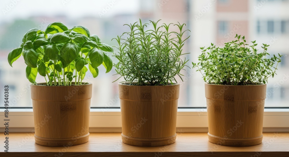 Fototapeta premium Three Aromatic Herbs in Natural Bamboo Pots on a Windowsill