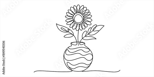 Continuous line art drawing of a sunflower in a vase on a white background Vector, illustration