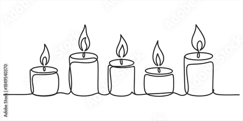 Simple continuous line drawing illustration of five lit candles in a row Vector, illustration