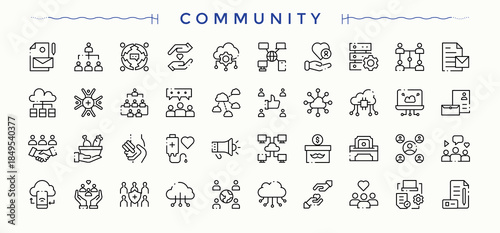 Community vector line icon set. Outline icons collection. Contains such icons as support, communication, human, organization, unity, collaboration, social. Vector collections. Unity line icon set.