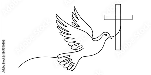 Minimalist continuous line drawing of a dove flying towards a religious cross symbol Vector, illustration