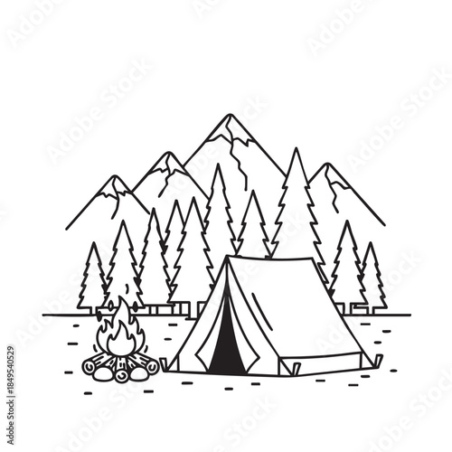 Nature Campsite with Tent and Campfire in Mountain Forest Landscape
