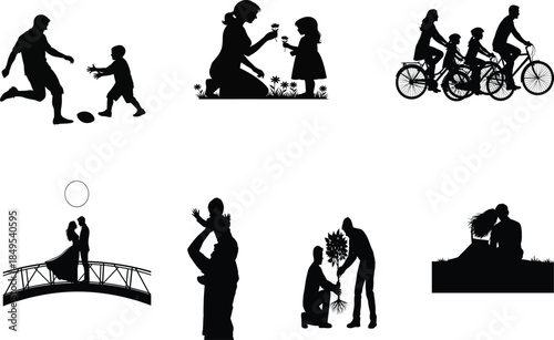 Silhouette icons of family and friends engaging in various activities