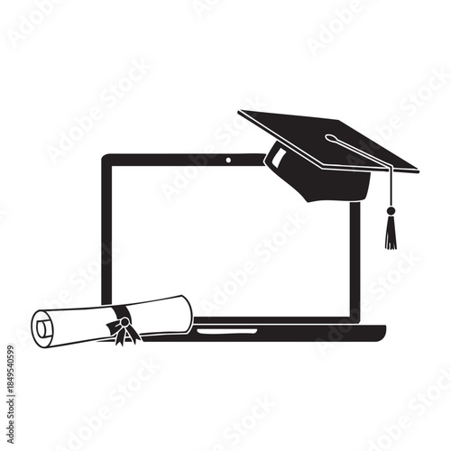 Online Education Concept with Graduation Cap and Diploma on Laptop Screen