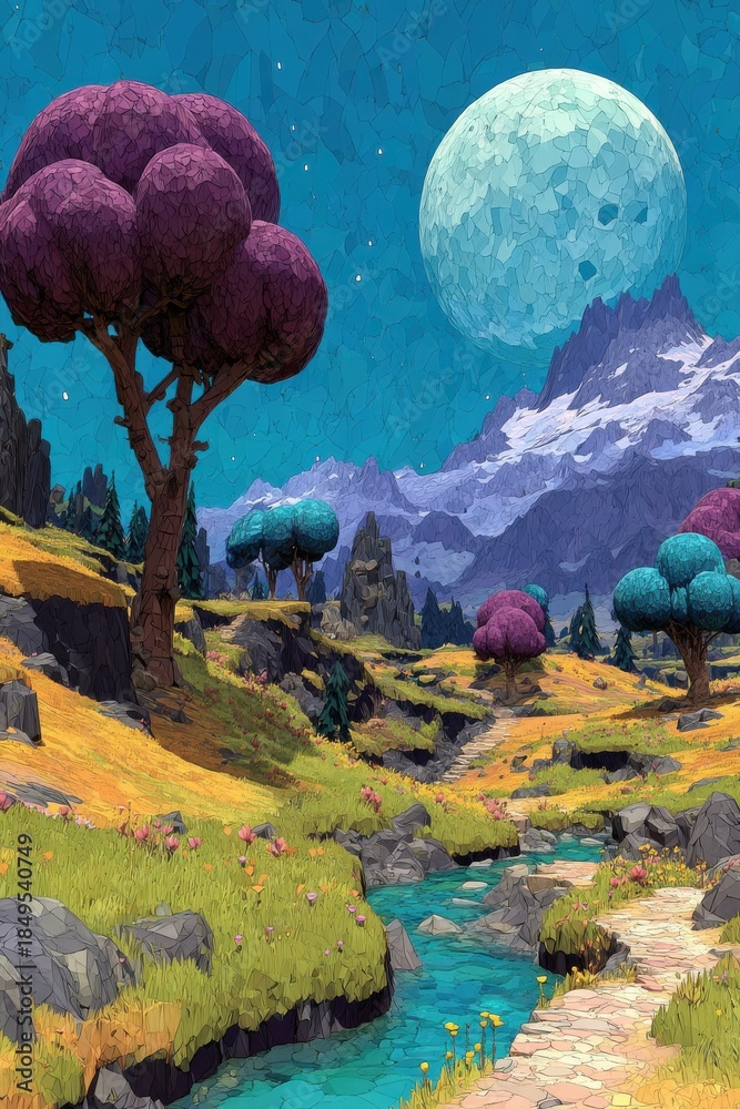 Fototapeta premium Dreamlike cartoon landscape with colorful trees, river, and giant moon over mountains at night