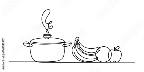 One line drawing of a cooking pot with steam and fruits Vector, illustration