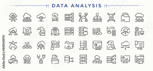 Data Analysis icon set in linear style. Minimalist vector collections. Includes symbols for cloud data server, analysis, information. Editable stroke. Vector illustration. Logistic icon.