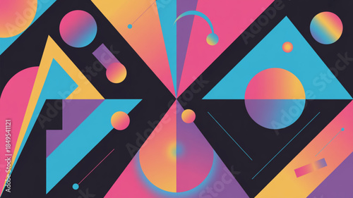 Vibrant geometric illustration of triangles, circles and shapes in pink, blue, yellow, purple hues on black background
