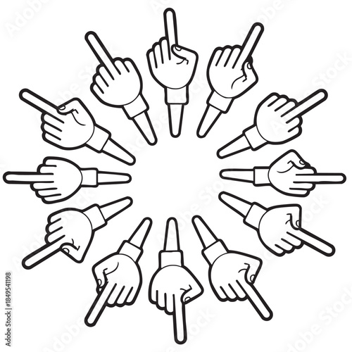 Set of pointing hand illustrations arranged in a circle for visual communication